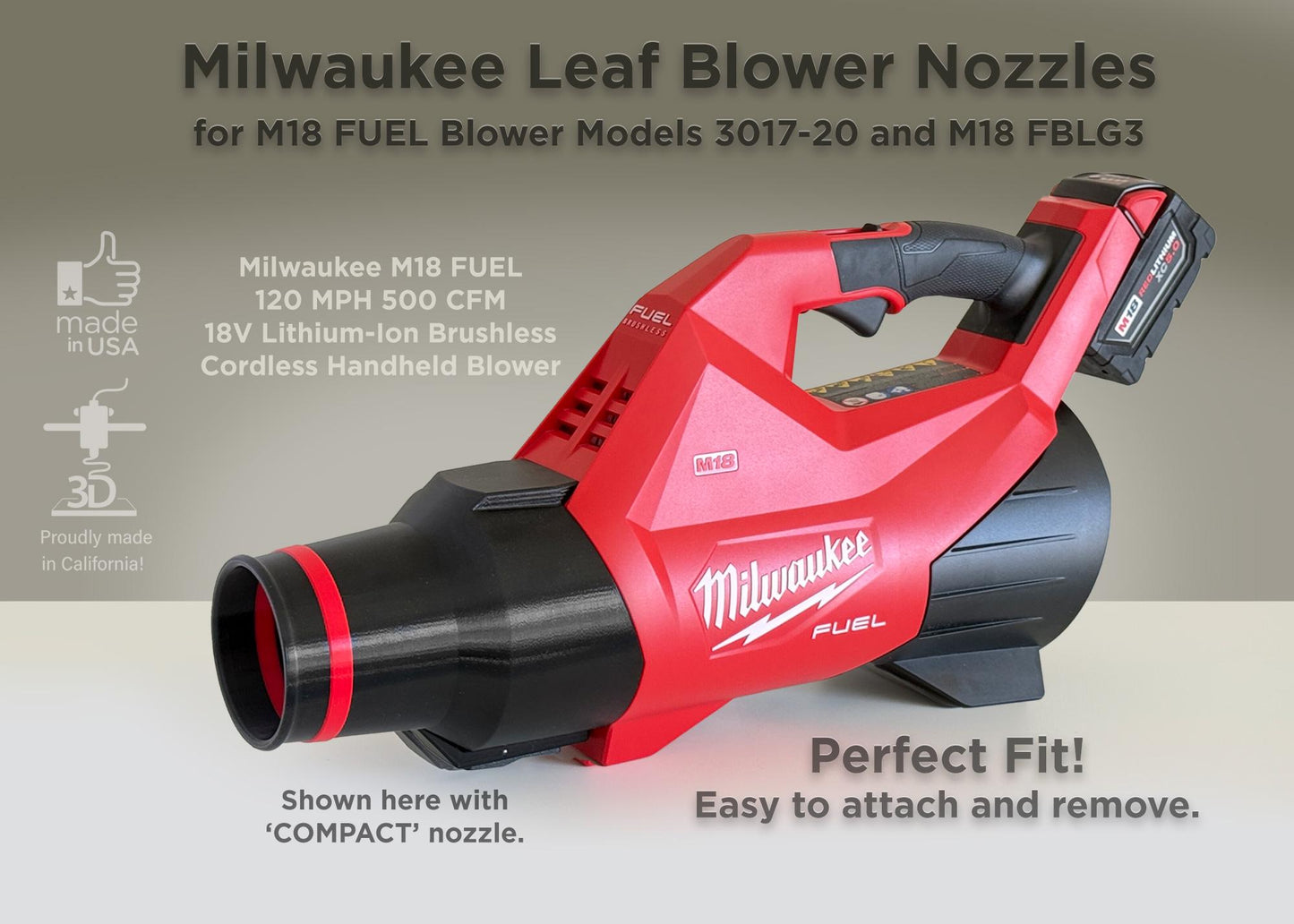 Compact Short Nozzle for Milwaukee Cordless Leaf Blowers models 3017-20 & M18 FBLG3