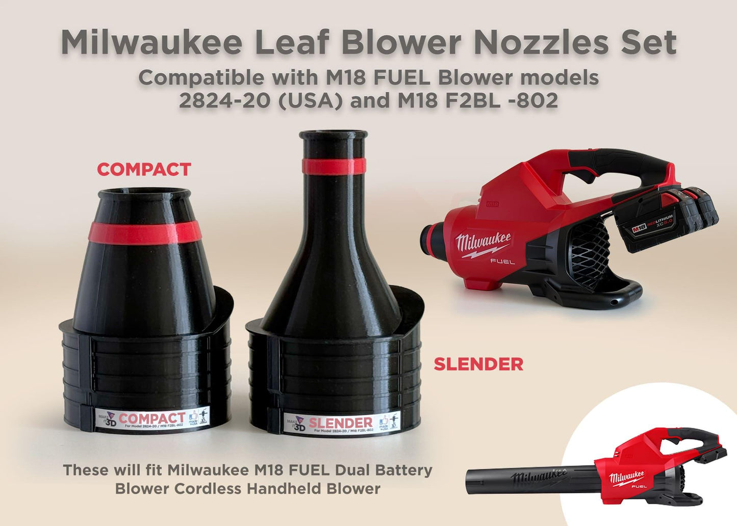 Nozzles for Milwaukee Cordless Leaf Blowers models 2824-20 (Dual-battery)