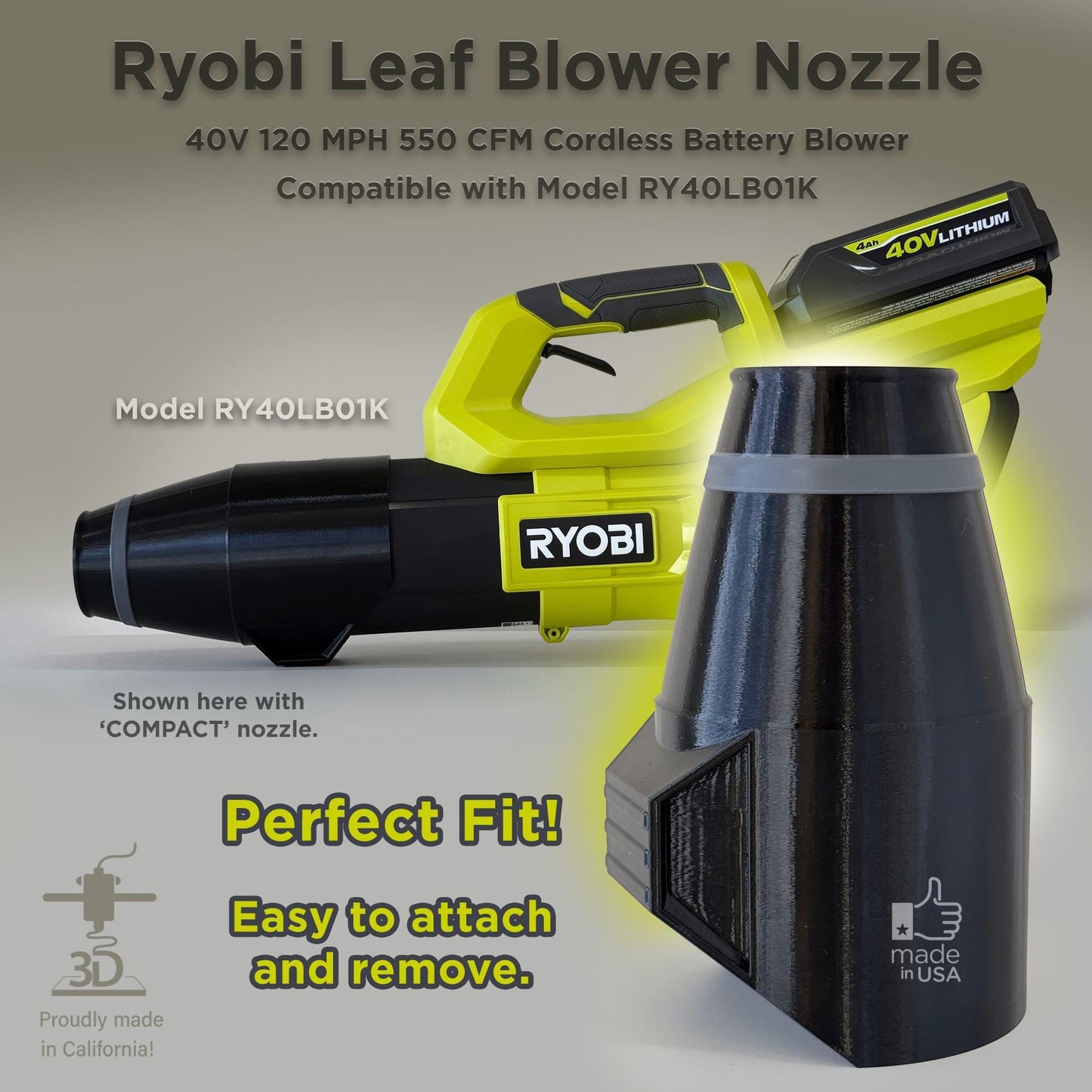 Compact Nozzle for RYOBI Cordless Blower (Model RY40LB01)
