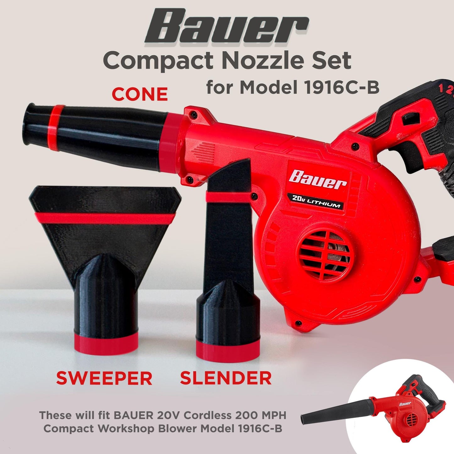 Compact Nozzles for BAUER 20V Cordless 200 MPH Compact Workshop Blower – Model 1916C-B