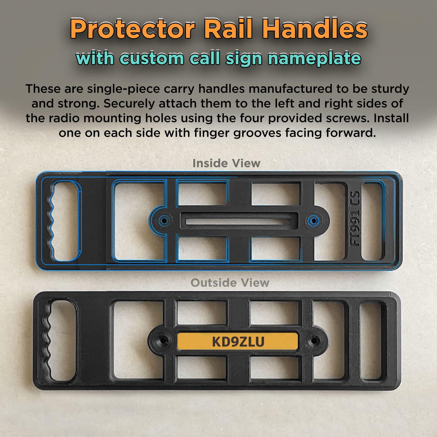 Personalizable Carry Handles for YAESU FT-991 and FT-991A Radio Transceivers with custom call sign