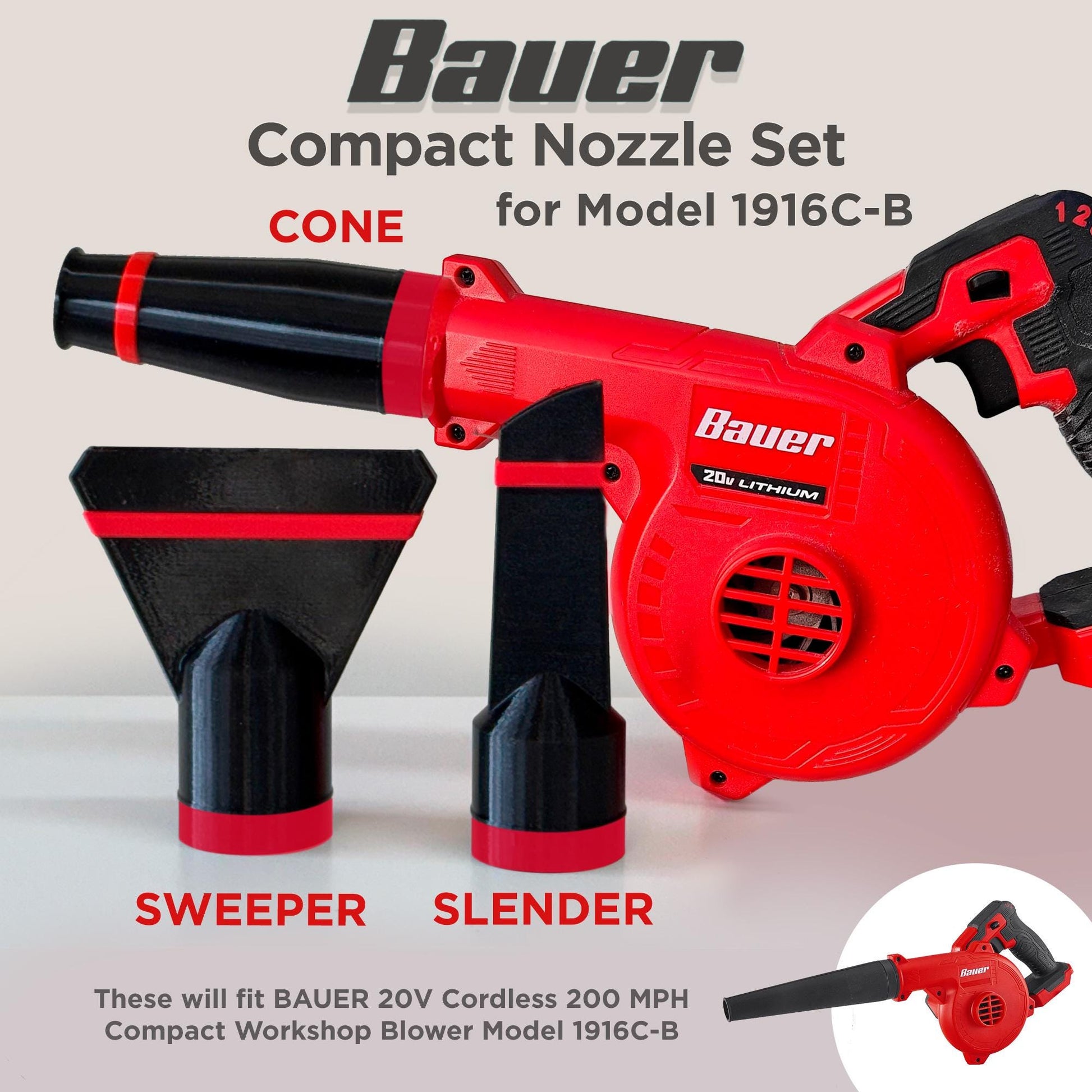 Compact Nozzles for BAUER 20V Cordless 200 MPH Compact Workshop Blower – Model 1916C-B